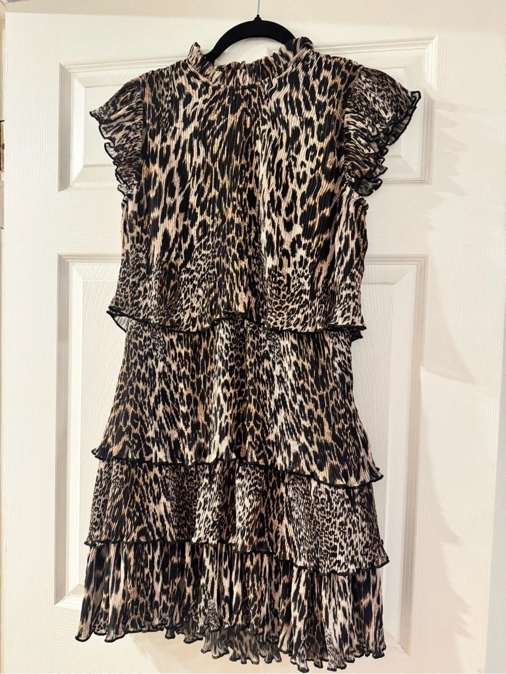 All Saints Leopard-Print Tiered Mini Dress in Black and Cream - Picture 2 of 5
